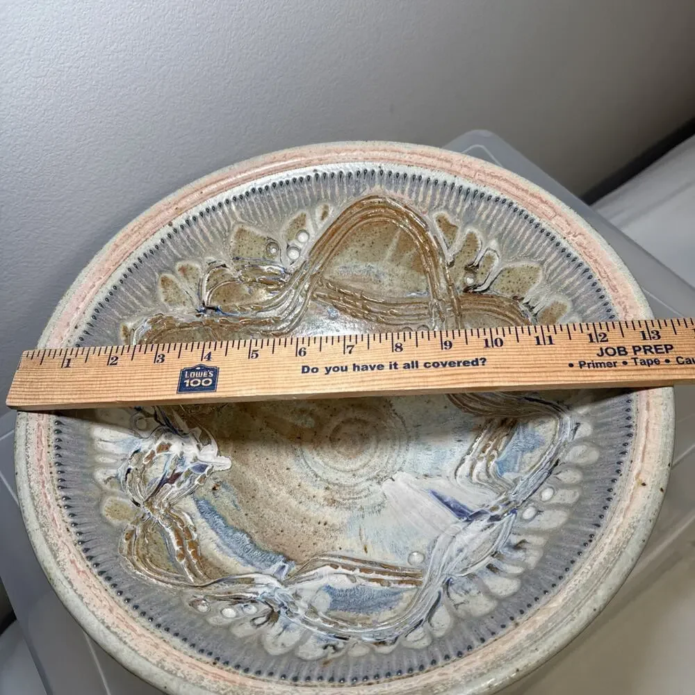 Julie Perry Signed Pottery Large Clay Bowl Tan Blue Glaze Celebrate the Wonder